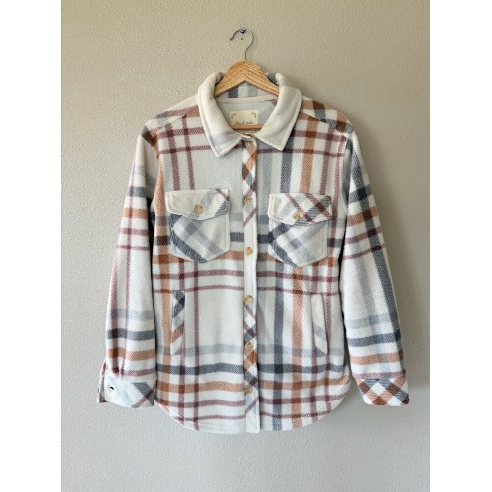 Altar'd State Fleece Plaid Sherpa Shirt Jacket Cream Rust Gray Cozy Shacket S